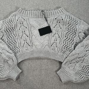 Hera Collection Cropped Open Knit Sweater Women's Large Gray Long Puff Sleeve